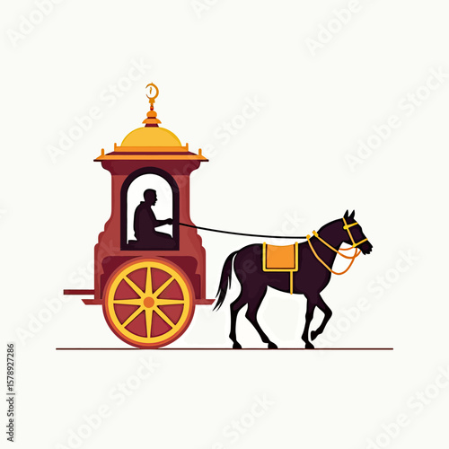 A stylized illustration of a chariot pulled by a horse, featuring a classic design with ornate details, representing traditional Indian transportation and cultural events.
