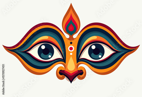 A stylized illustration of a single, large eye with intricate patterns and vibrant colors, featuring deep blues, oranges, yellows, and reds, symbolizing divine vision or spiritual insight.
