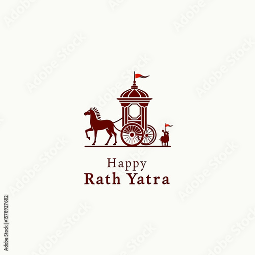 A "Happy Rath Yatra" logo with a detailed, maroon-colored chariot pulled by a horse, featuring elegant typography that conveys tradition and celebration.
