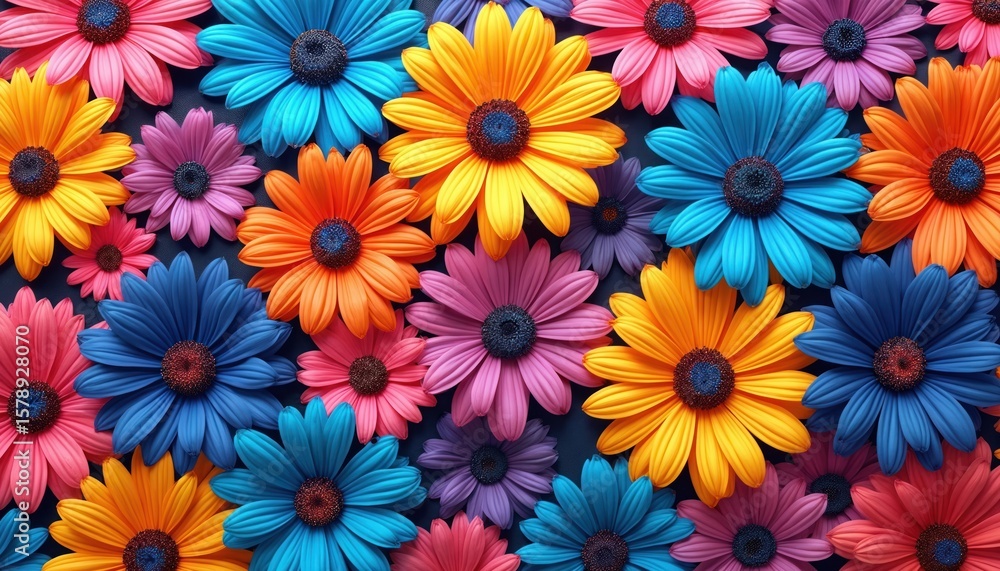 Multicoloured daisy floral pattern. Bright vibrant colours create cheerful summer background. Daisy flowers bloom in various hues yellow orange pink blue. Springtime floral design. Perfect for Multicoloured daisy floral pattern. Bright vibrant colours create cheerful summer background. Daisy flowers bloom in various hues yellow orange pink blue. Springtime floral design. Perfect for