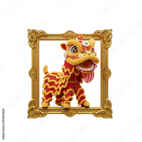 Gold Frame Lion Dance Celebrate Chinese Lunar New Year Illustration
