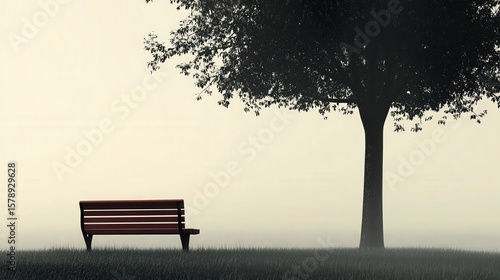 Fototapeta Naklejka Na Ścianę i Meble -  A lone bench under a tree in an empty park
