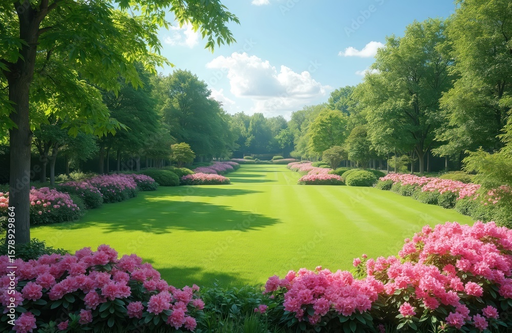 Fototapeta premium Lush garden landscape with vibrant pink azaleas. Green grass lawn, trees create scenic pathway. Blue sky, white clouds. Ideal for nature lovers, tourism, eco themes.