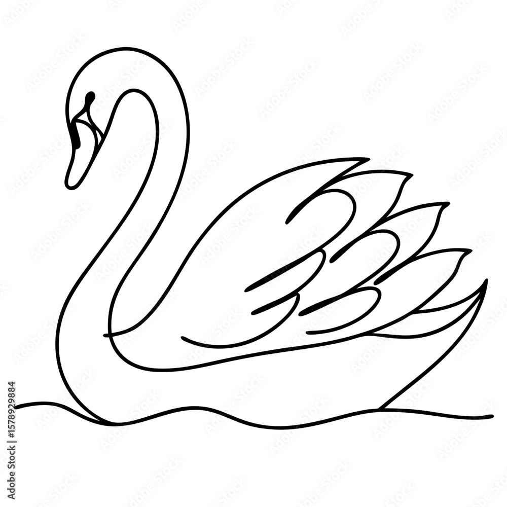 Obraz premium Swan floating in water with simple line art drawing, black and white illustration. Swan floating peacefully along on still surface. Peaceful swan floating and swimming for nature themed art.