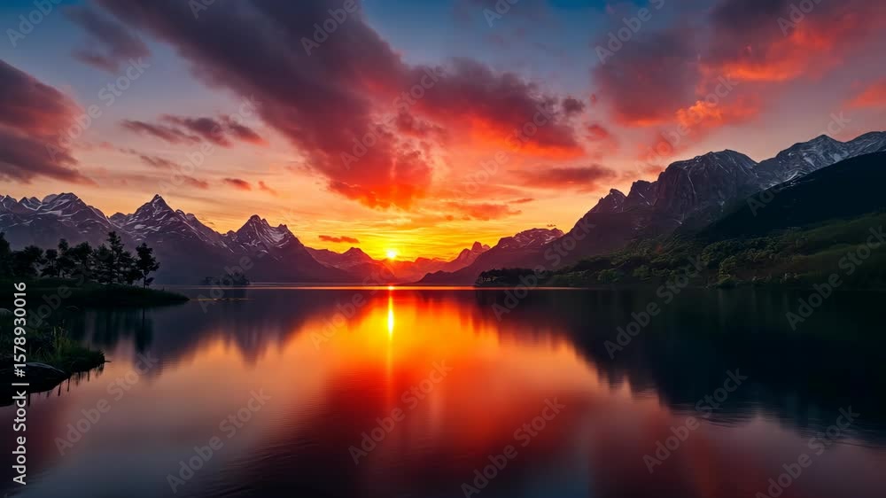 Stunning sunset over tranquil lake with mountains reflecting in the water, peaceful atmosphere Stunning sunset over tranquil lake with mountains reflecting in the water, peaceful atmosphere