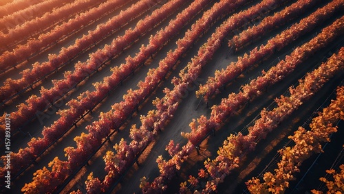 Vineyard Rows at Sunset with Autumn Foliage from an Aerial View