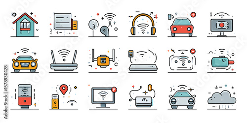 Minimal Line Icons of IoT Technology and Connected Devices