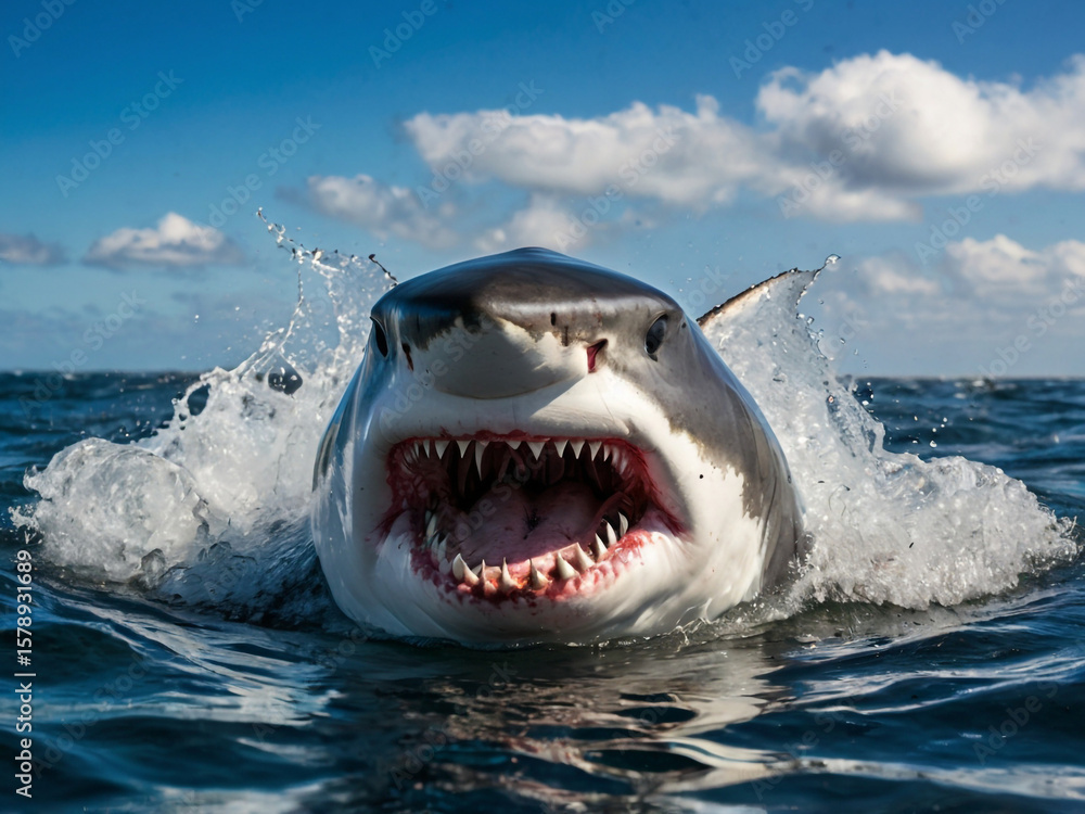 Obraz premium Great white shark breaching water with mouth open ocean