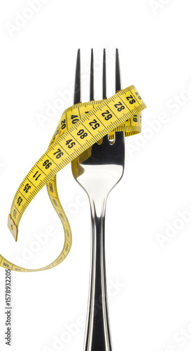 Isolated Image Silver Fork with Yellow Measuring Tape on Black Background