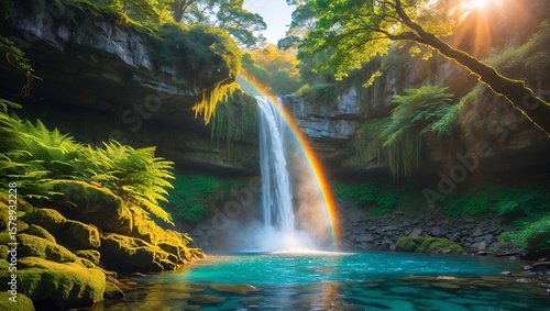 Waterfall with Rainbow and Turquoise Pool in Lush Forest Scenery