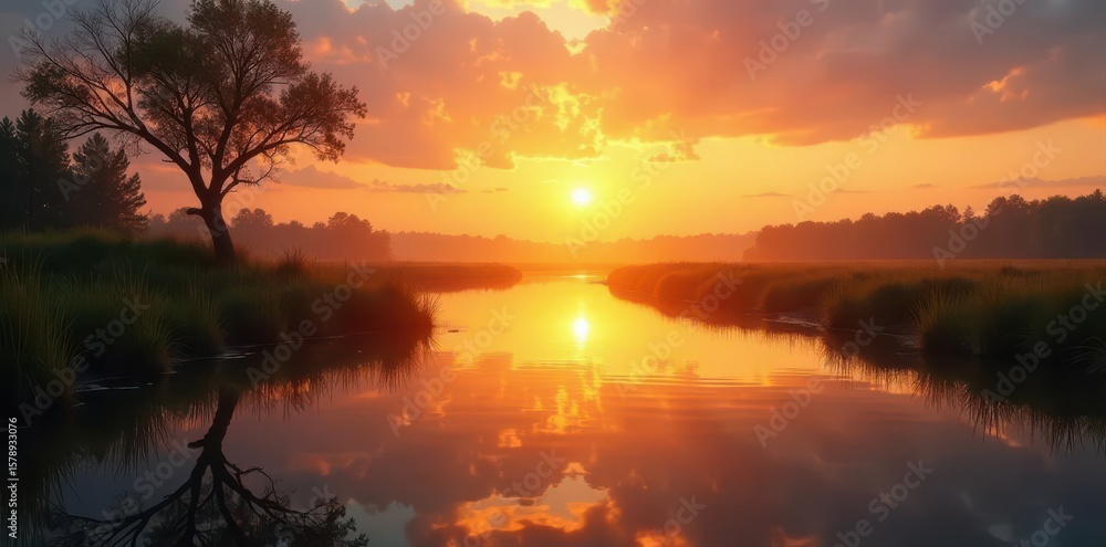 Naklejka premium Golden hour light bathes tranquil wetland, reflecting sunset's warm hues on still water , outdoors, plants