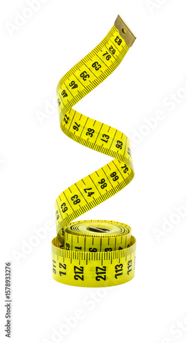 Isolated Image of Yellow Measuring Tape in a Spiral Shape on Background