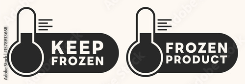 Keep Frozen Vector Sign. Frozen Product Label Isolated. Set of Badges. Thermometer Icon