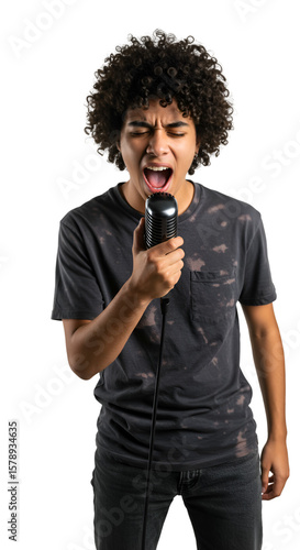 Isolated Image Energetic Young Singer Holding Microphone on Transparent