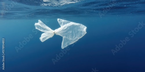 Plastic bag floating in the ocean shaped like a fish surrounded by marine debris and pollution concept of environmental damage ocean plastic waste ecological awareness for conservation design