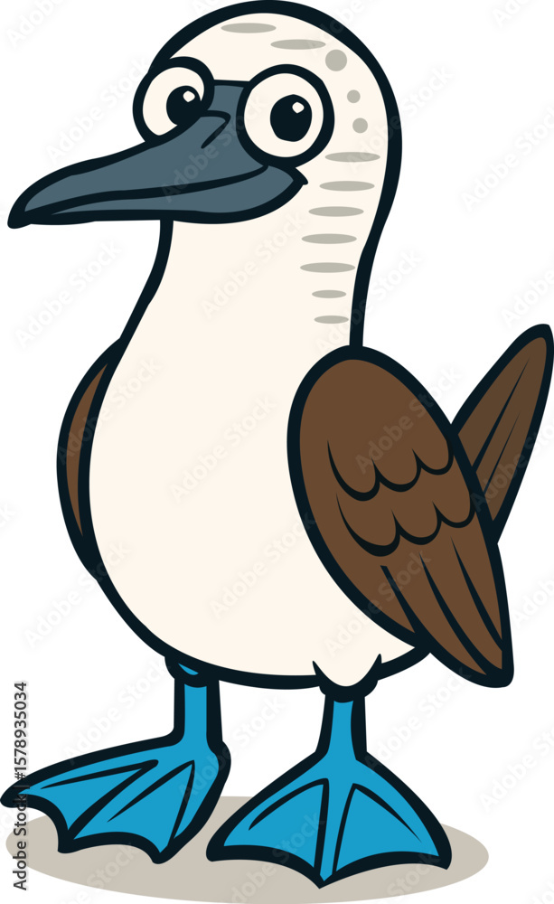 Obraz premium Fun and colorful vector illustration of a cute blue-footed booby bird with bright blue feet and big eyes. Perfect for educational materials, kids’ books, stickers, and cartoon projects. Editable EPS.