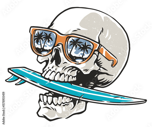 Sunglasses-clad skull with a surfboard