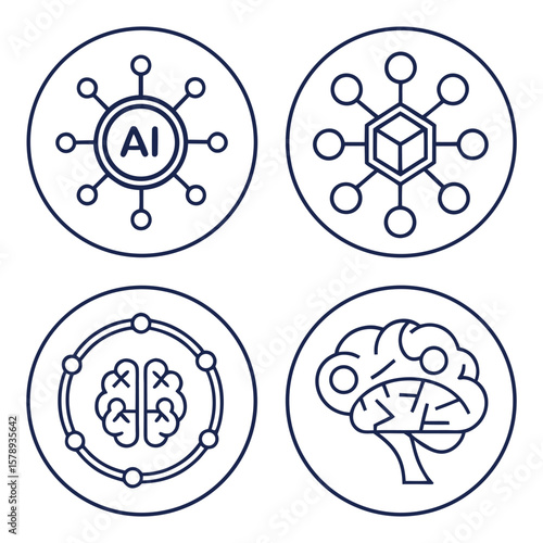 Four circular icons representing A I and neural networks