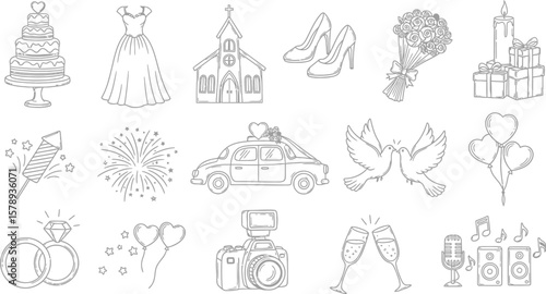 Wedding themed drawings including cake dress car and other decorations