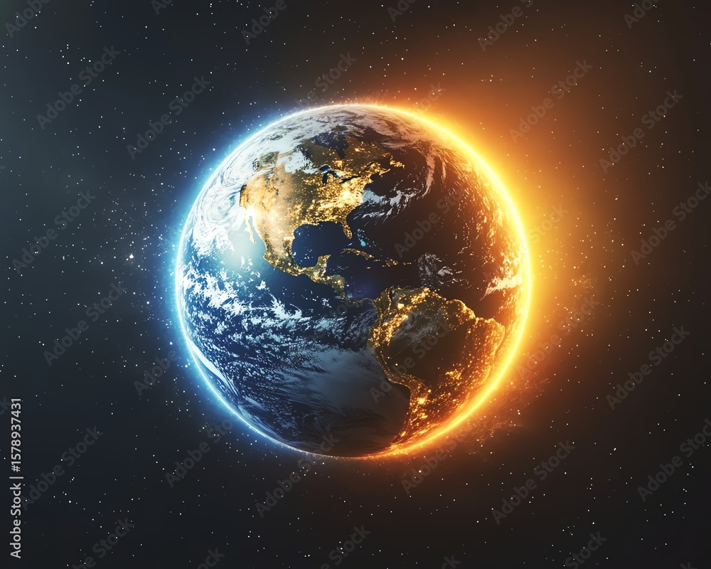 Fototapeta premium Fiery Earth glowing in space, showcasing continents and city lights. Global warming concept.