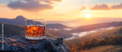 Whiskey glass on mountain peak at sunset. Relaxation, adventure, nature.