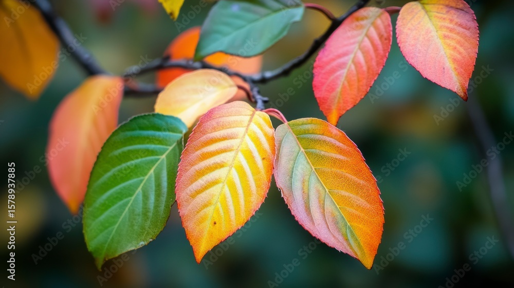 Obraz premium Vibrant autumn leaves in various shades of red, orange, yellow, and green on a branch.
