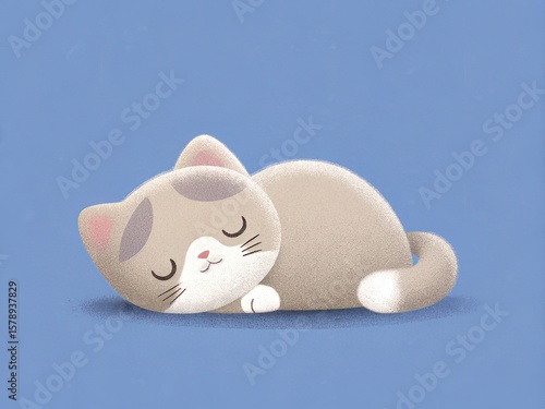 Clipart of a cartoon cute animal with fluffy texture in soft pastel tones. Cute sleeping cat illustration on a soft blue background