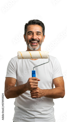 Isolated Portrait of Cheerful Painter with Roller Brush on Transparent