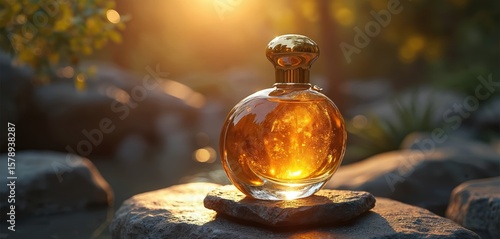 Luxury gold perfume bottle on rock display at golden hour. Marbled glass with golden chrome cap. Elegant fragrance for women. Product shot, glamour, beauty, care, wellness. Scented merchandise for