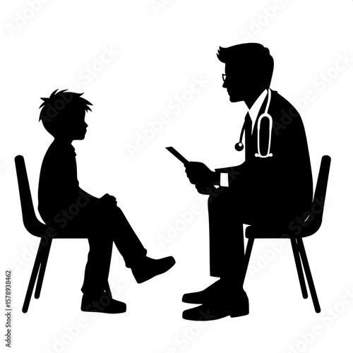 Black and White Vector Silhouette of a Doctor and Boy in Consultation Room