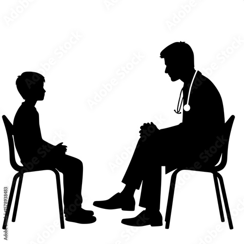 Black and White Vector Silhouette of a Doctor and Boy in Consultation Room