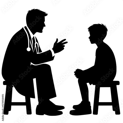 Black and White Vector Silhouette of a Doctor and Boy in Consultation Room