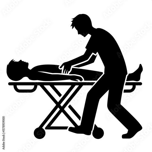 Black and White Vector Silhouette of a Boy Being Wheeled on Stretcher