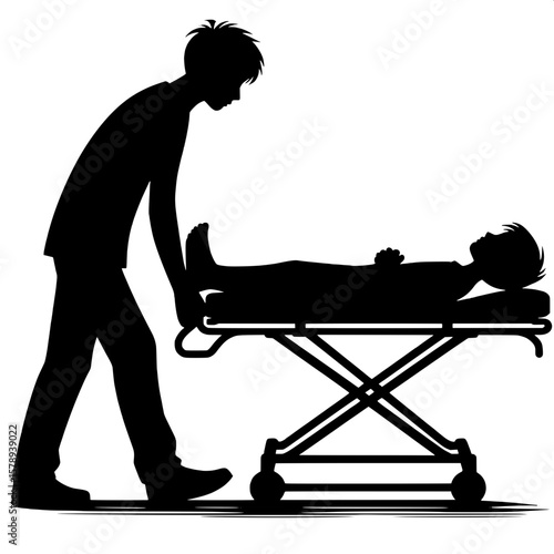Black and White Vector Silhouette of a Boy Being Wheeled on Stretcher