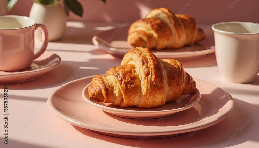 Golden Croissants on Pink Plates A Delicious Breakfast Still Life with Warm Sunlight Golden Croissants on Pink Plates A Delicious Breakfast Still Life with Warm Sunlight
