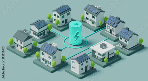 Isometric Green Energy Battery Storage System with Houses and Solar Panels