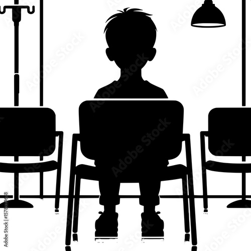 Black and White Vector Silhouette of a Boy Sitting in Waiting Room Chair