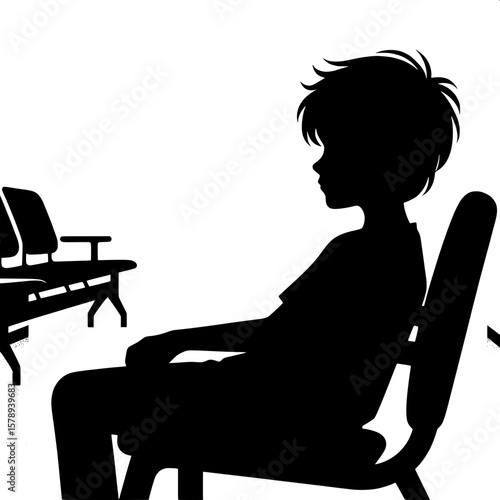 Black and White Vector Silhouette of a Boy Sitting in Waiting Room Chair