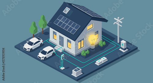 Modern Home with Solar Panels, Electric Vehicle Charging Station, and Smart Energy System