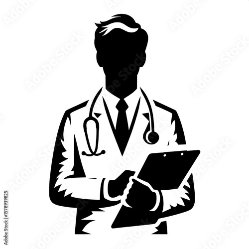 Black and White Vector Silhouette of a Doctor Standing with Clipboard
