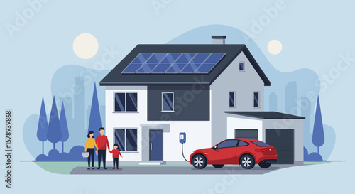 Modern Two-Story House with Solar Panels and Red Electric Car Charging