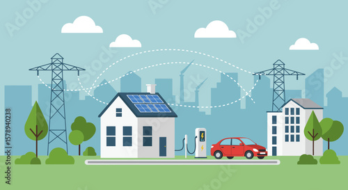 White House with Solar Panels and Red Electric Car Charging