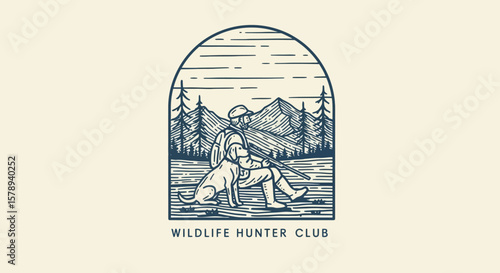 Vintage Line Art of a Wildlife Hunter and Dog in Mountain Landscape