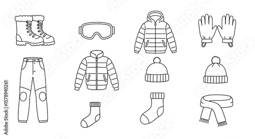 Winter Clothing Outline: Boots, Goggles, Jackets, Gloves, Pants, Hats, Socks, and Scarf