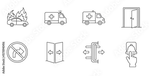 Burning Car Icon: Outlined Illustration of Vehicle on Fire