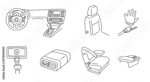 Car Interior Parts Line Art: Steering Wheel, Seats, Dashboard, and Accessories