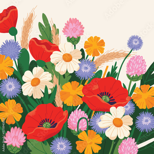 Vibrant bouquet of wildflowers including poppies cornflowers daisies and clover