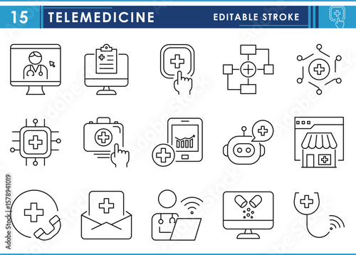 A set of line icons related to Telemedicine. Online, medicine, doctor, chatbot, call, online report, and so on. Vector editable stroke.