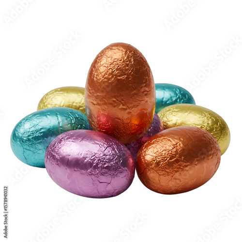 Isolated Still Life of Foil Wrapped Chocolate Easter Eggs on Background