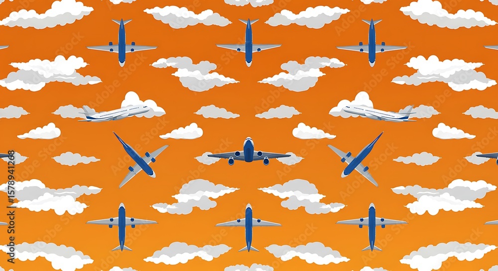 Fototapeta premium Aeroplane and Cloud Pattern Seamless Aviation Design on Orange Background for Travel-themed Projects